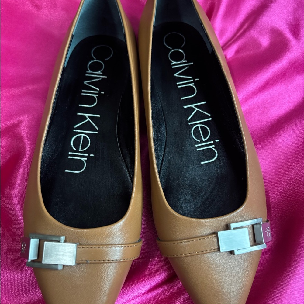 Calvin Klein Brown Flats with Silver Buckle